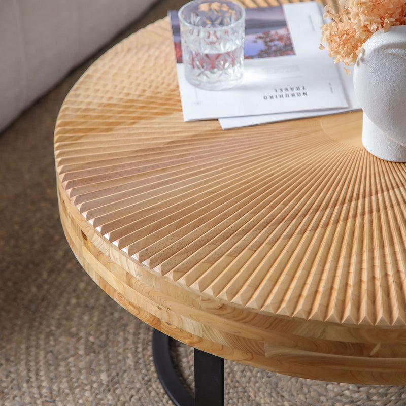 Modern Round Coffee Table With Wooden Carving Pattern