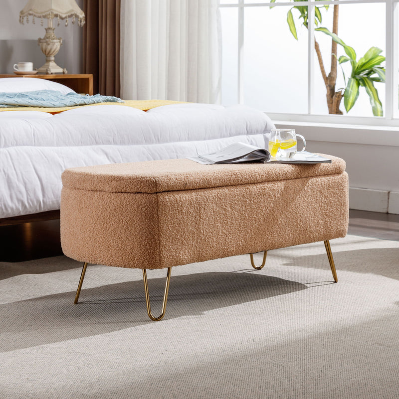 Storage Ottoman Bench For End Of Bed Gold Legs, Modern Camel Faux Fur Entryway Bench Upholstered Padded With Storage For Living Room Bedroom - Camel