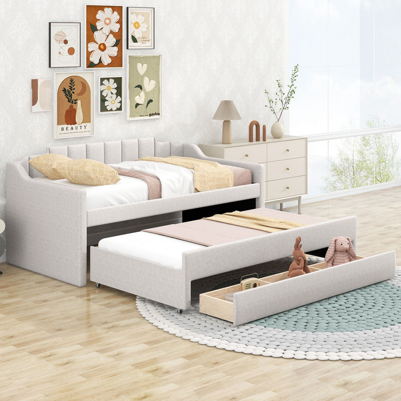 Upholstered Simple Design Daybed With Trundle And 3 Drawers