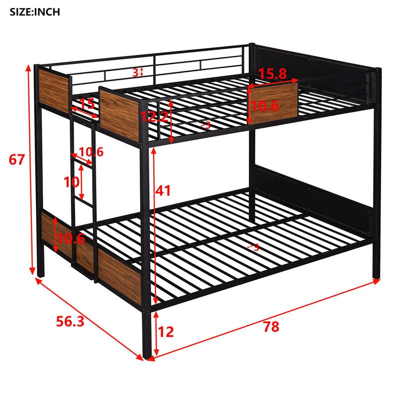 Full Over Full Bunk Bed Modern Style Steel Frame Bunk Bed With Safety Rail, Built-In Ladder For Bedroom - Brown