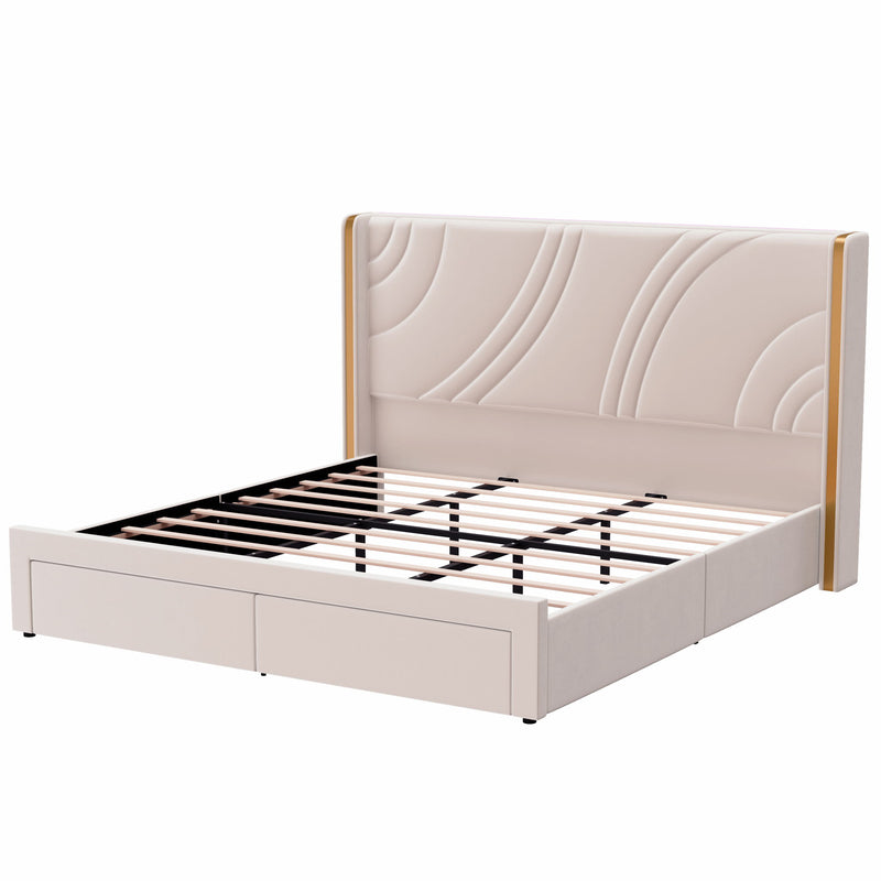 Modern Upholstered LED Bed Frame With Storage Drawers, Wingback Headboard, RGB Light