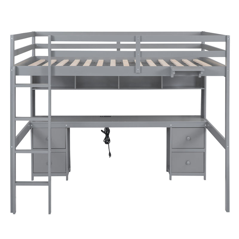 Loft Bed With Desk, Cabinets, Drawers, Charging Station And Bedside Tray