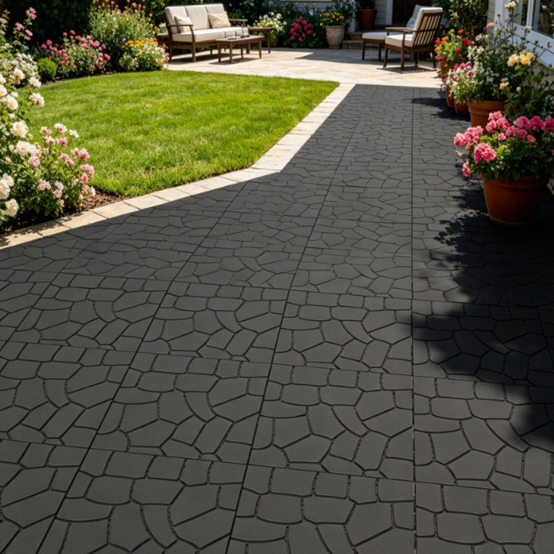 Stone Texture Patio Deck Tiles, Diy Interlocking Outdoor Floor Tiles (Set of 44) - Dark Grey