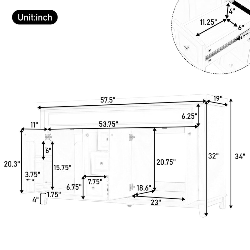 Bathroom Vanity Cabinet Only, 3 Drawers & 4 Doors With Double Layer Shelves - White