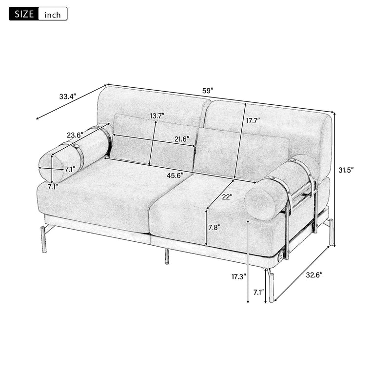 Modern Loveseat Sofa 2 Seater With USB Ports, Cylindrical Armrests