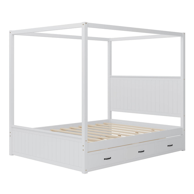 Canopy Platform Bed With Trundle And 3 Storage Drawers, 4 Post Solid Bed Frame With Headboard