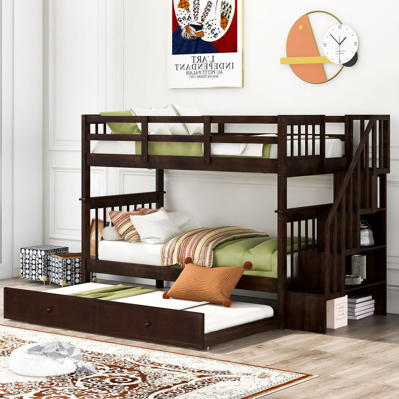 Stairway Bunk Bed With Storage And Guard Rail For Bedroom
