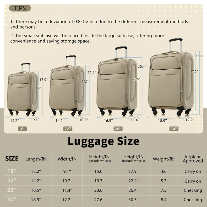 Softside Luggage 4 Piece Set With Expandable Spinner Wheels