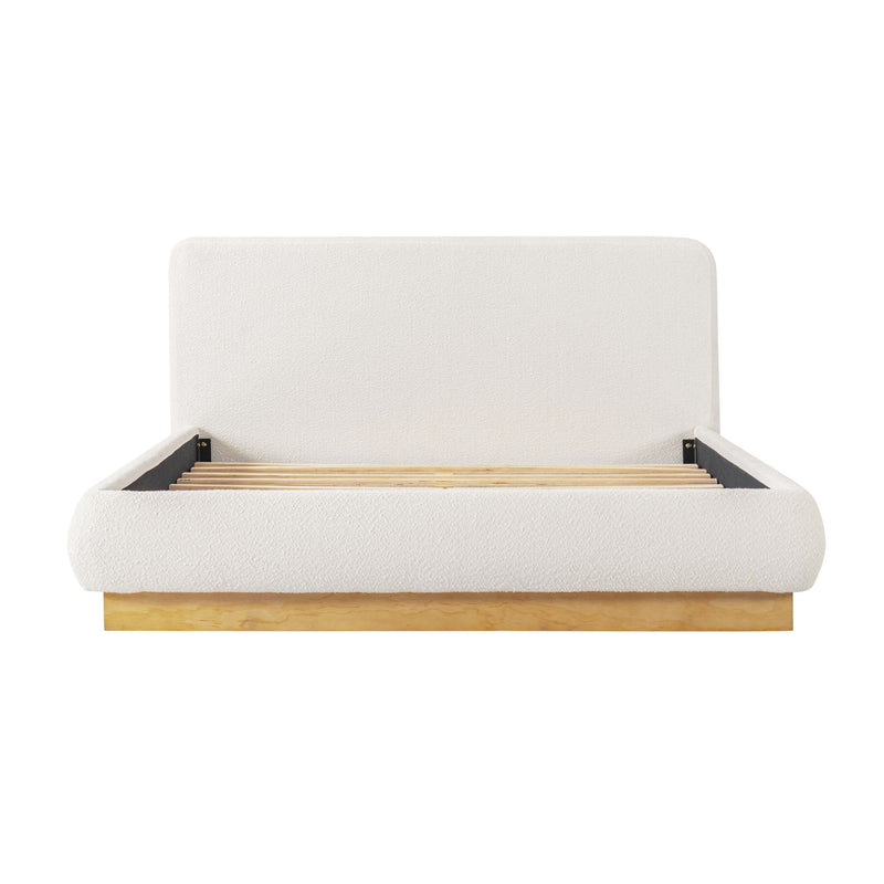 Queen Size Upholstered Platform Bed Frame, No Box Spring Required - Natural / White