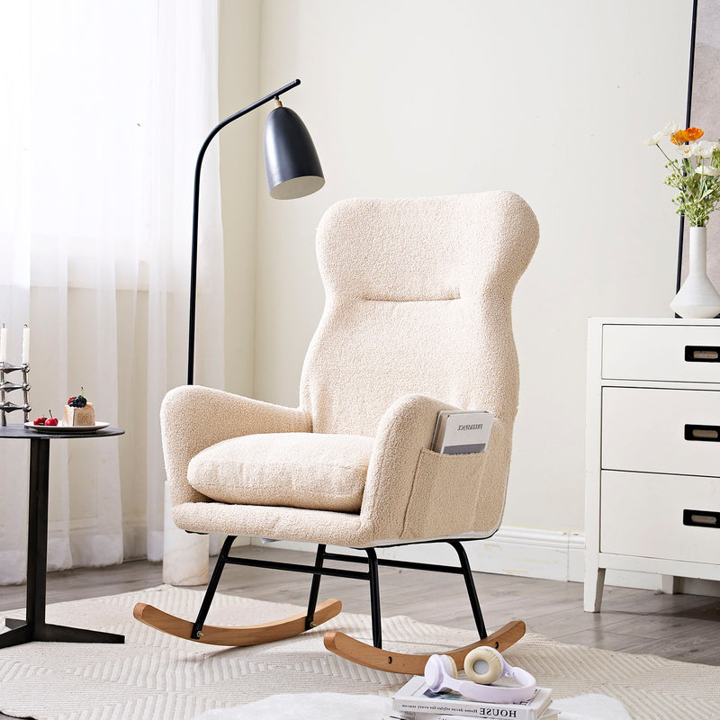 Modern Teddy Fabric Rocking Chair With High Backrest And Armrests Lounge Accent Chair For Living Room - Beige