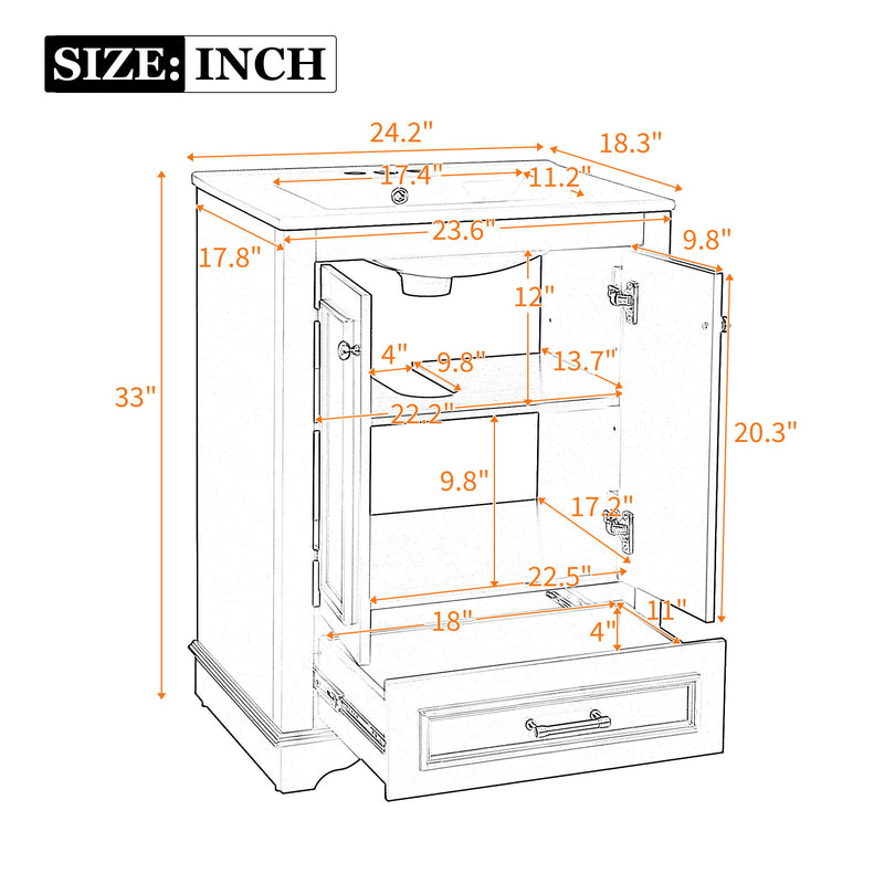 Bathroom Vanity With Ceramic Sink Combo, Modern Freestanding Storage Cabinet With Silver Handles