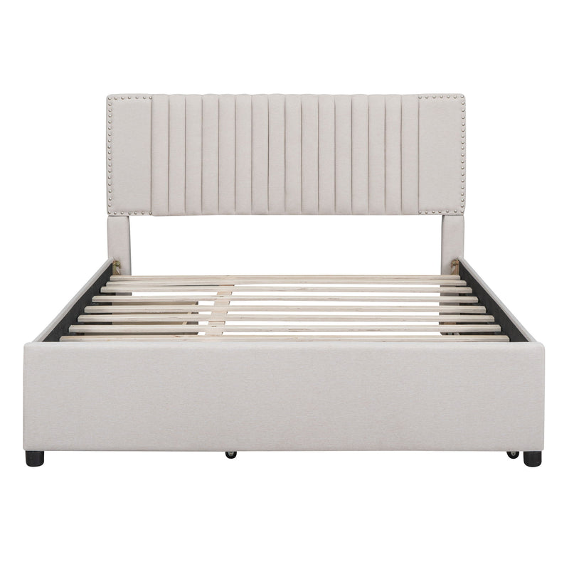 Upholstered Platform Bed With Drawers, Classic Headboard Design