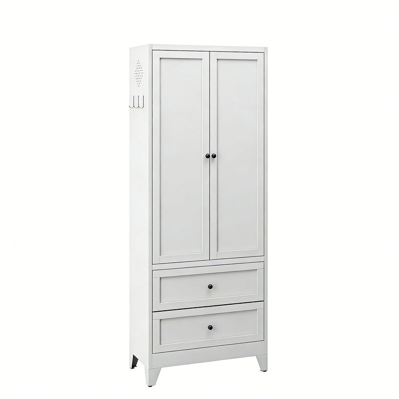 Pantry Cabinet With 2 Drawers, Adjustable Shelves, Freestanding Kitchen Storage Organizer - White