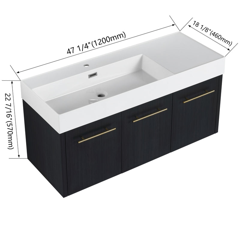 Contemporary 48" Wall Mounted Bathroom Vanity With Resin Sink And Soft Closing Doors And Line - Black Chestnut