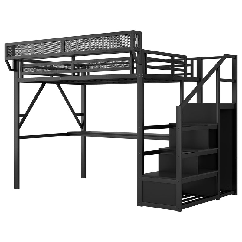 Queen Loft Bed With Desk And Charging Station Stairs And Light - Black