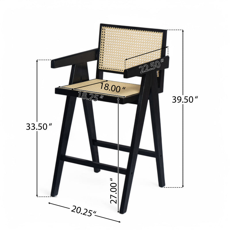 Modern Minimalist Bar Stool With Cane Seat - Black / Natural