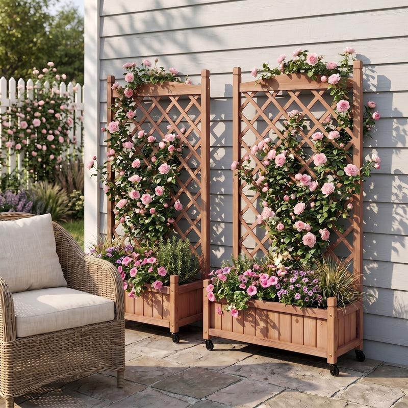 Raised Garden Bed With Trellis 2 Pack, Outdoor Planter Box & Plant Stand With Climbing Racks - Brown