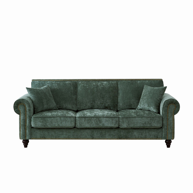 3 Seater Sofa With Tufted Upholstery, Rolled Arms, Nailhead Trim