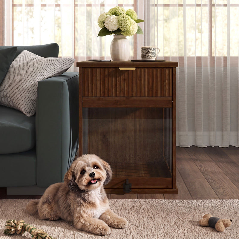 Dog Crate End Table With Charging Station - Antique Brown