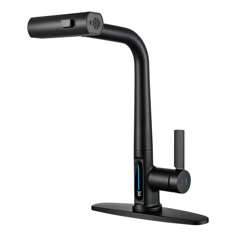 Matte Black Pull-Out Kitchen Faucet With Sprayer, Kitchen Sink Faucet With 3 Spray Modes, Battery-Free LED Temperature Display, 360 Degrees Swivel Spout, Fits 1 Or 3 Hole Sink