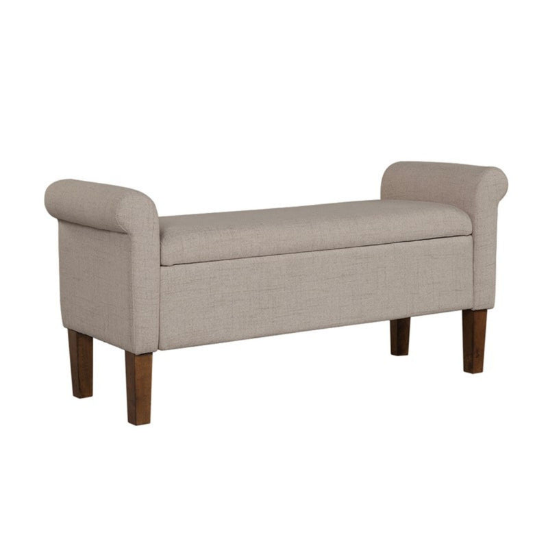 Upholstered Storage Bench With Rolled Armrests - Beige