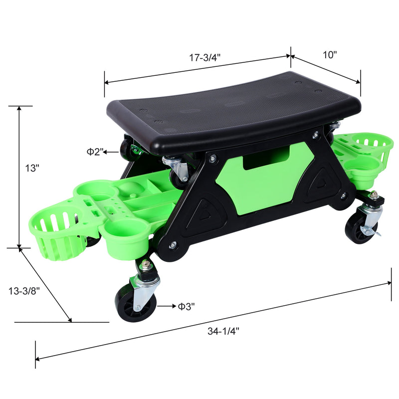 Rolling Detailing Creeper Seat With Wheels, Removable Tool Trays, 300 Lbs Capacity - Green