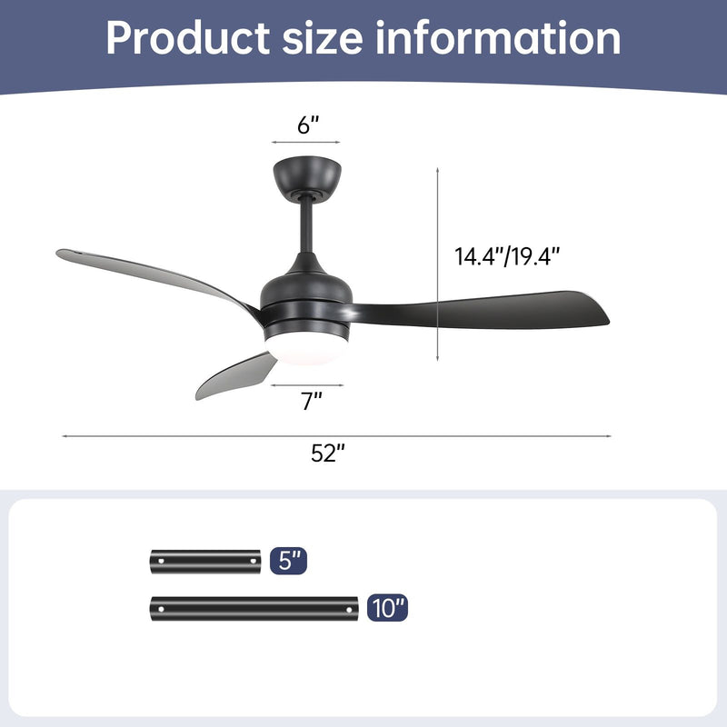Ceiling Fan With 3 Blades, Remote Control, Reversible DC Motor, Noiseless Operation, 3 Downrods