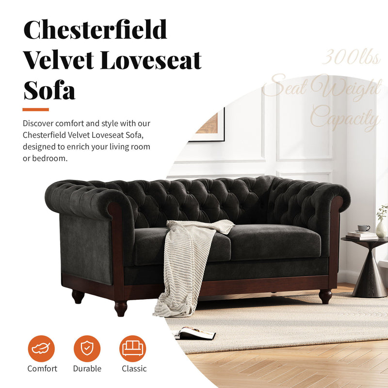 Chesterfield Velvet Loveseat Sofa, 2 Person Rolled Arm Upholstered Couch