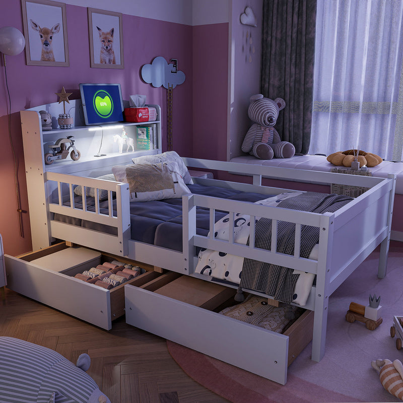 Platform Bed With LED Light, Multi Functional Headboard, Guardrail And 2 Drawers