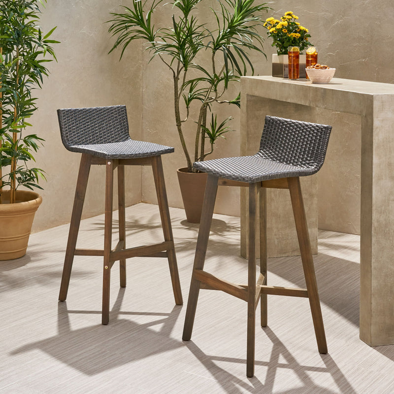 Equinox - Outdoor Barstool With Rattan Wicker Top And X Stretcher Frame (Set of 2)