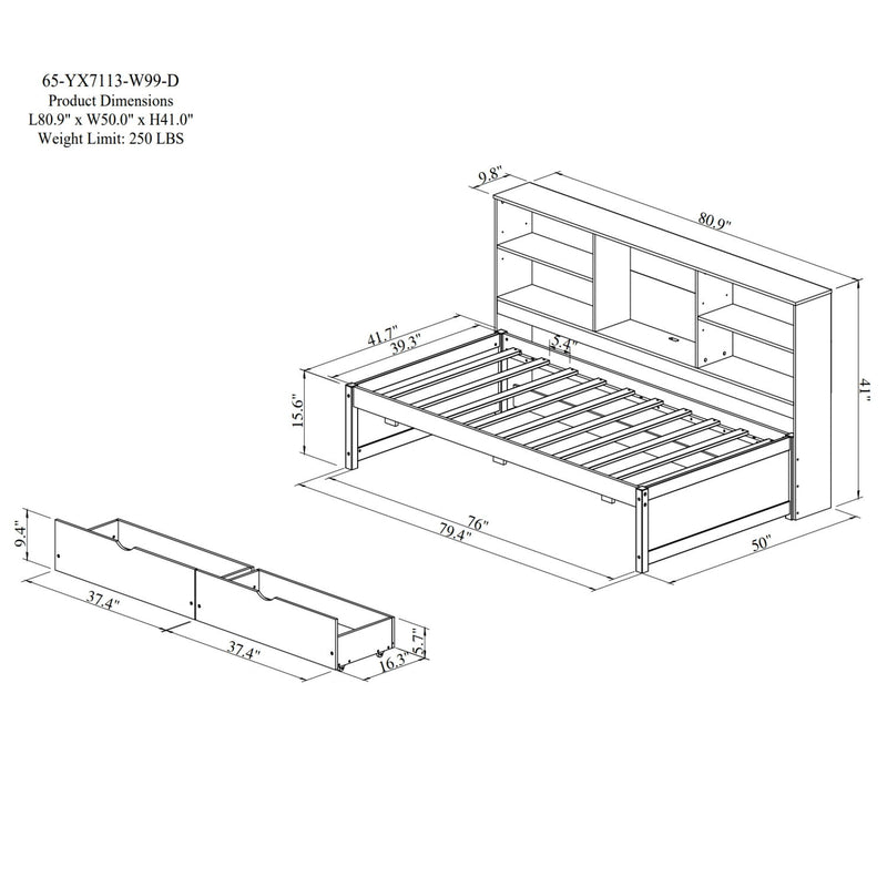 Bed Frame With Side Bookshelves, 2 Drawers, And Built In USB Port