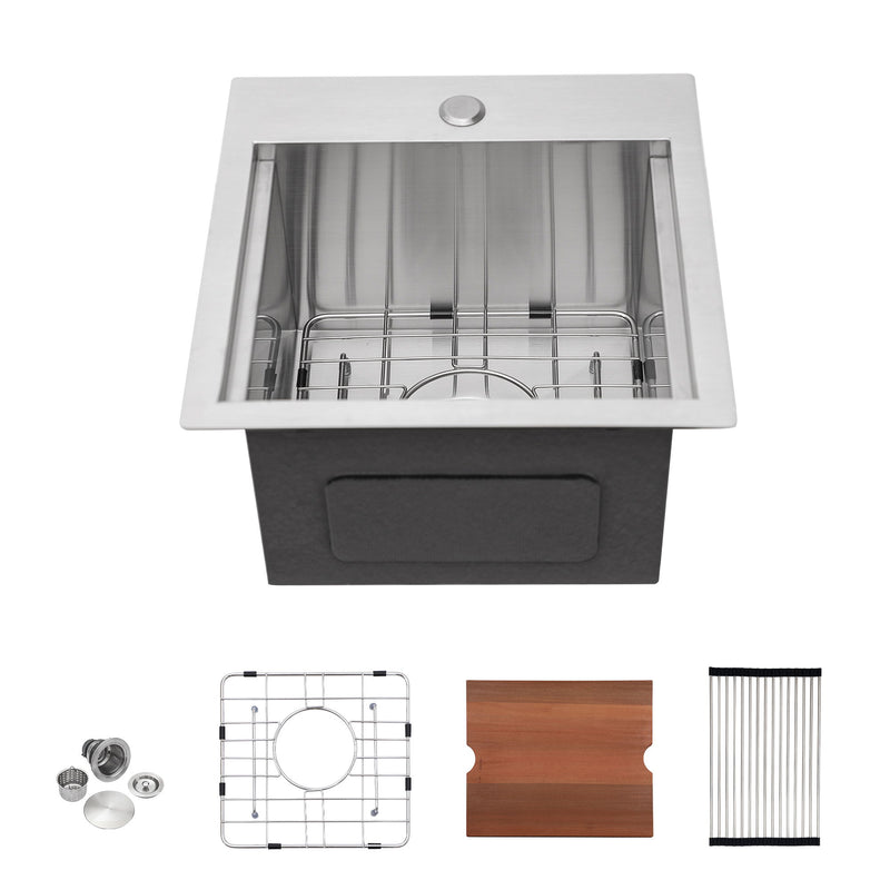 Modern Stainless Steel 15" Drop In Kitchen Sink Workstation With Accessories - Brushed Nickel