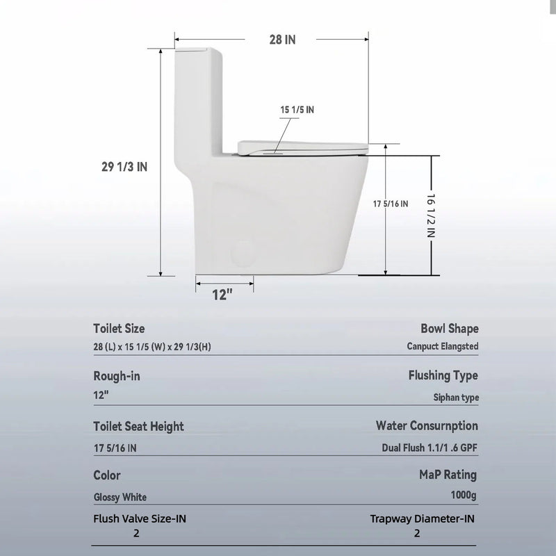 Glossy Tornado Flush 1 Piece Toilet With Dual Flush, Soft Close Seat - Gloss White