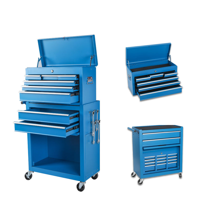8 Drawer Rolling Tool Chest With 2 In 1 Detachable Top Box, Lockable Wheels