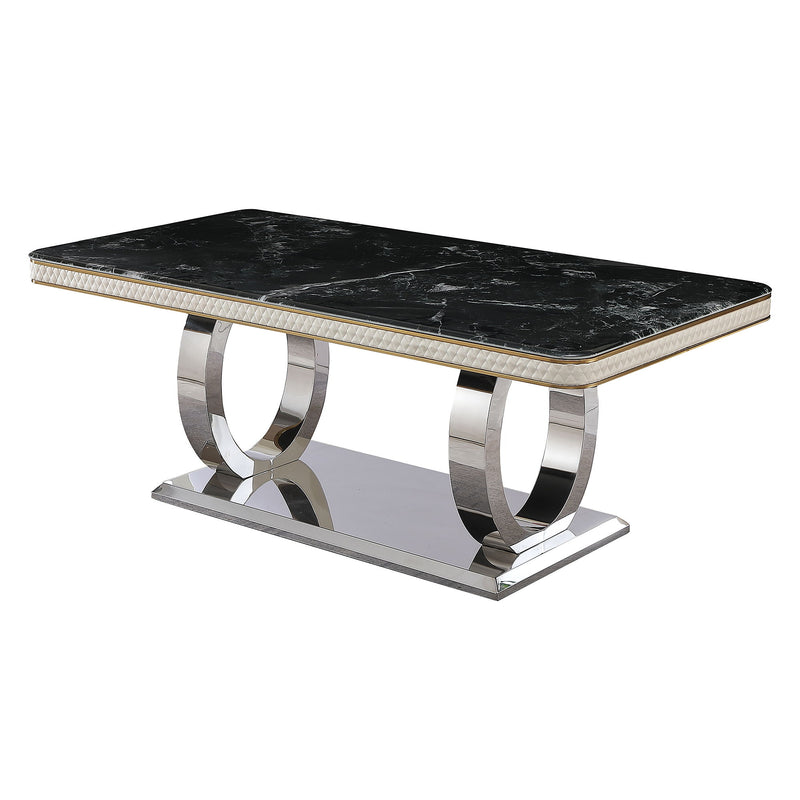 Luxury Modern Dining Table With Faux Marble Top And Dual Circle Base - Black