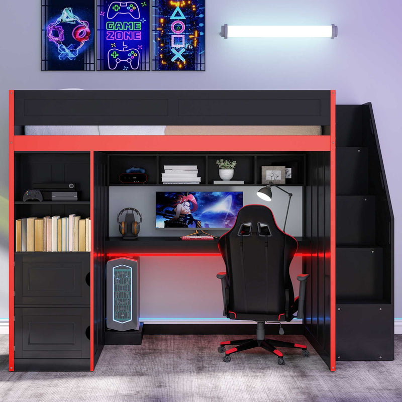 Gaming Loft Bed With Desk And Storage, LED Lights, Full - Black