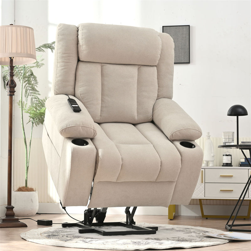Power Lift Recliner Chair With Extended Footrest, Remote Control, Cup Holders, And Side Pockets