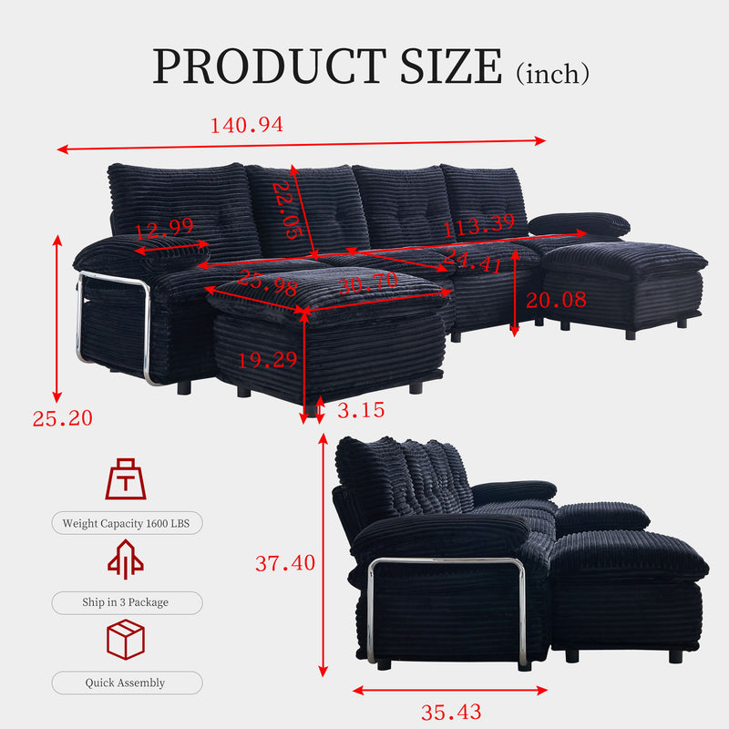 Upholstery Modular Sectional Sofa , 4 Seater With 2 Ottomans For Living Room - Black