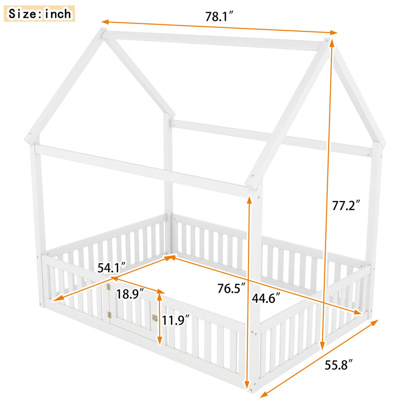 Wood House Bed With Fence And Door