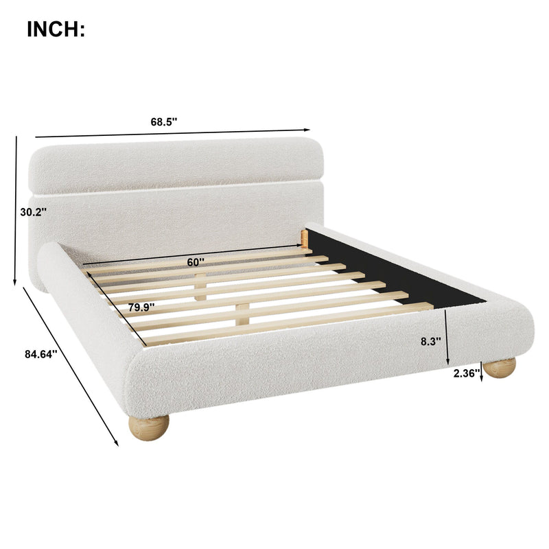 Queen Size Contemporary Low Profile Upholstered Bed With Teddy Fleece Boucle Fabric And Solid Round Legs - White