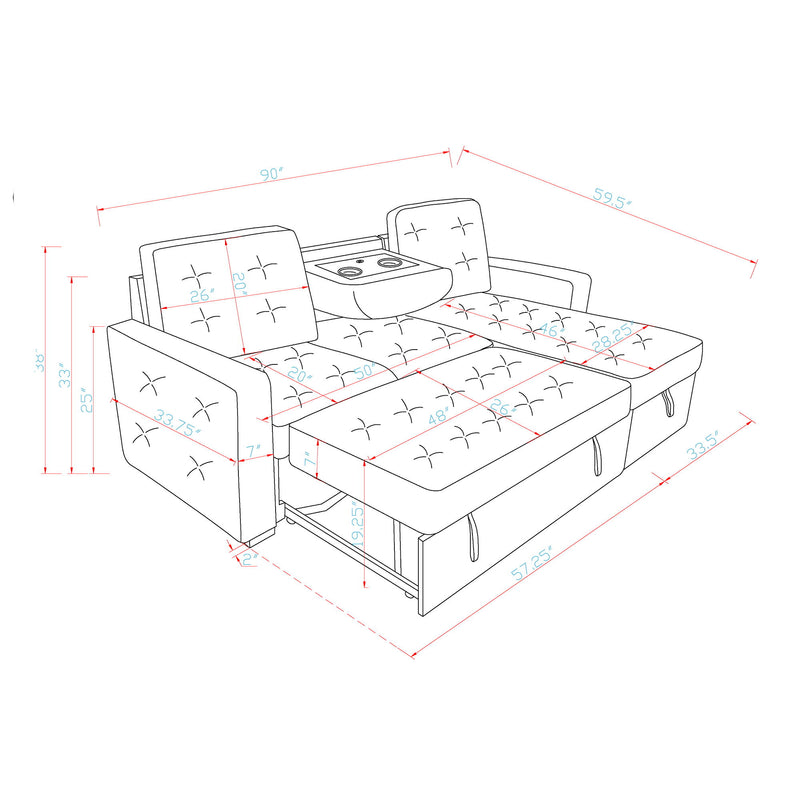 Gustavo - Sofa, Pull Out Bed, Storage Chaise, USB And Cup Holders - Beige