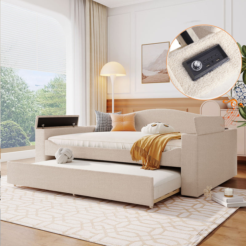 Upholstered Daybed With Storage Armrests, Trundle And Latest Integrated Bluetooth Audio System