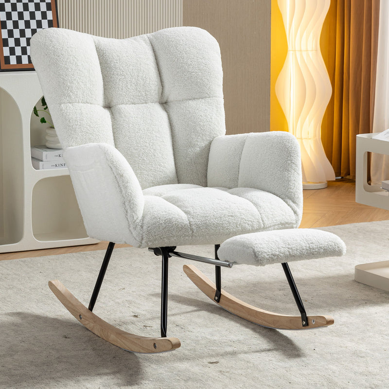 Teddy Fabric Rocking Chair With Adjustable Footrest - Ivory