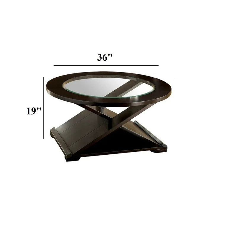 Coffee Table With Cross Design Base, Beveled Glass Top - Espresso