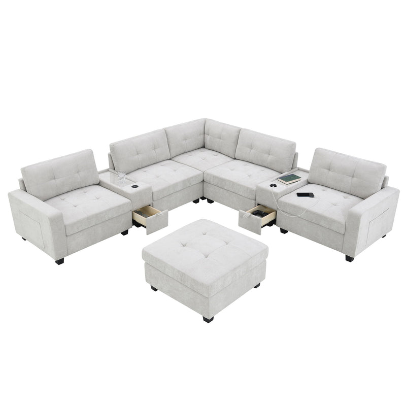 Sectional With Acrylic Table Top U Shaped Couch Set With 2 Consoles USB Charger, Storage Drawers And Pockets Movable Ottoman Tufted Sofa