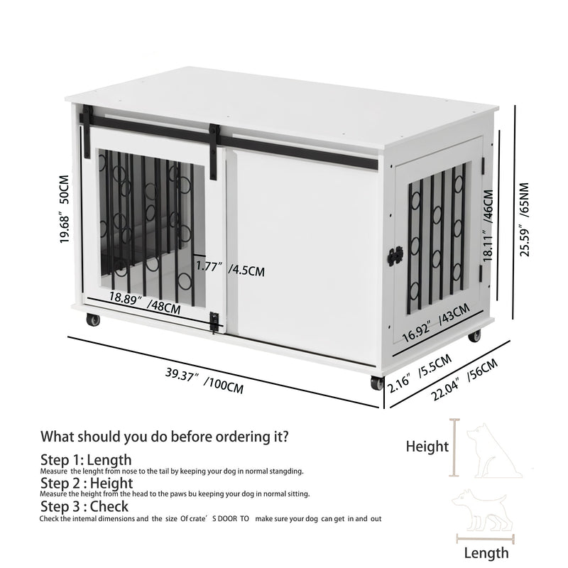 Dog Crate With Sliding Barn Door And Side Access, Lockable Wheels For Small To Medium Dogs - White