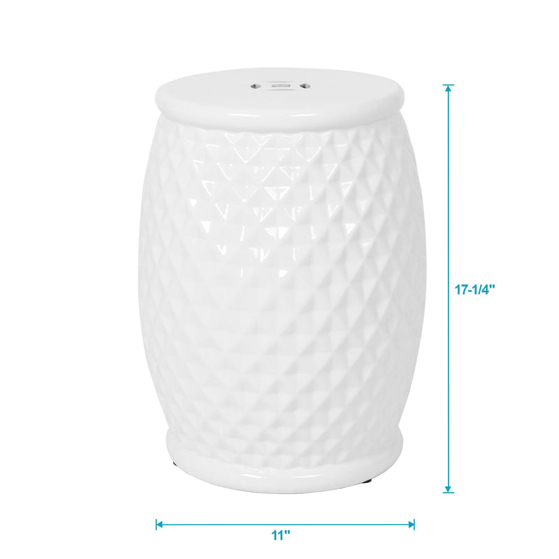 Glazed Ceramic Drum Stool Indoor / Outdoor Side Table Ceramic - White