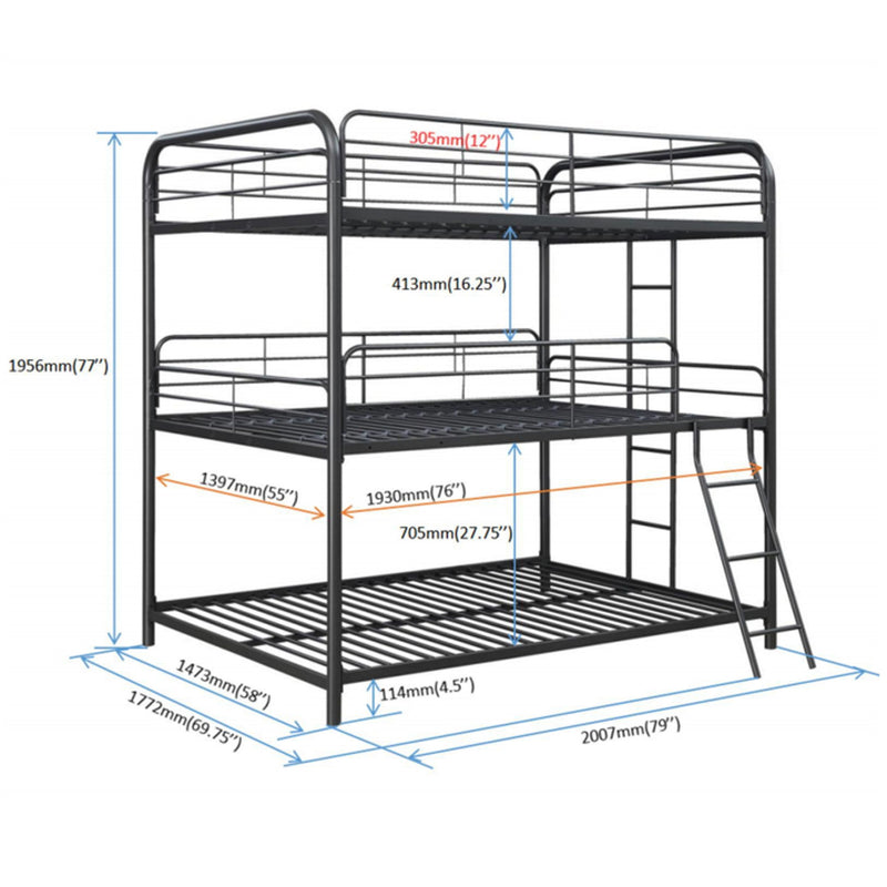 Triple Bunk Bed, Full Size With Sturdy Metal Frame And Safe Stairs - Black