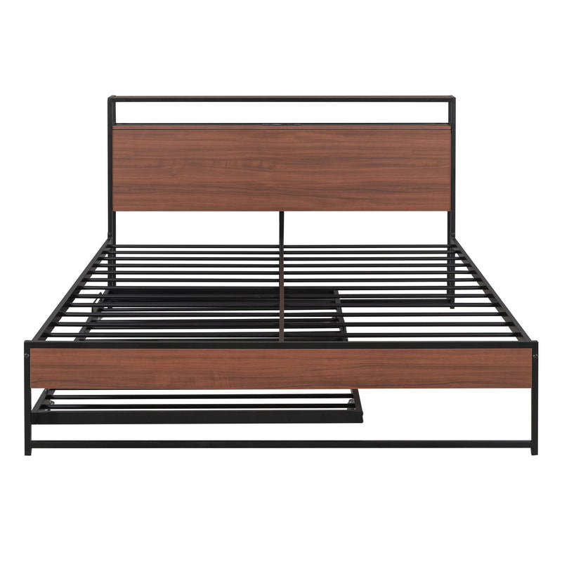 Platform Bed Frame With Trundle, USB Ports And Slat Support, No Box Spring Needed