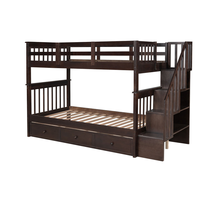 Stairway Bunk Bed With Storage And Guard Rail For Bedroom